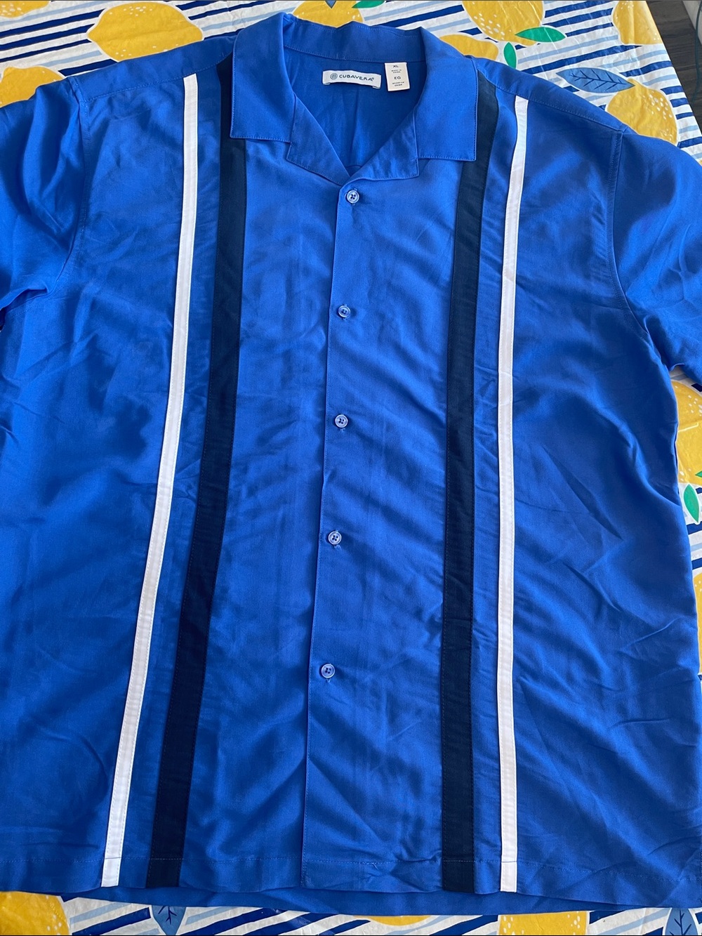 Cubavera Royal Blue Short-Sleeve Button-Down with Navy and White Stripes